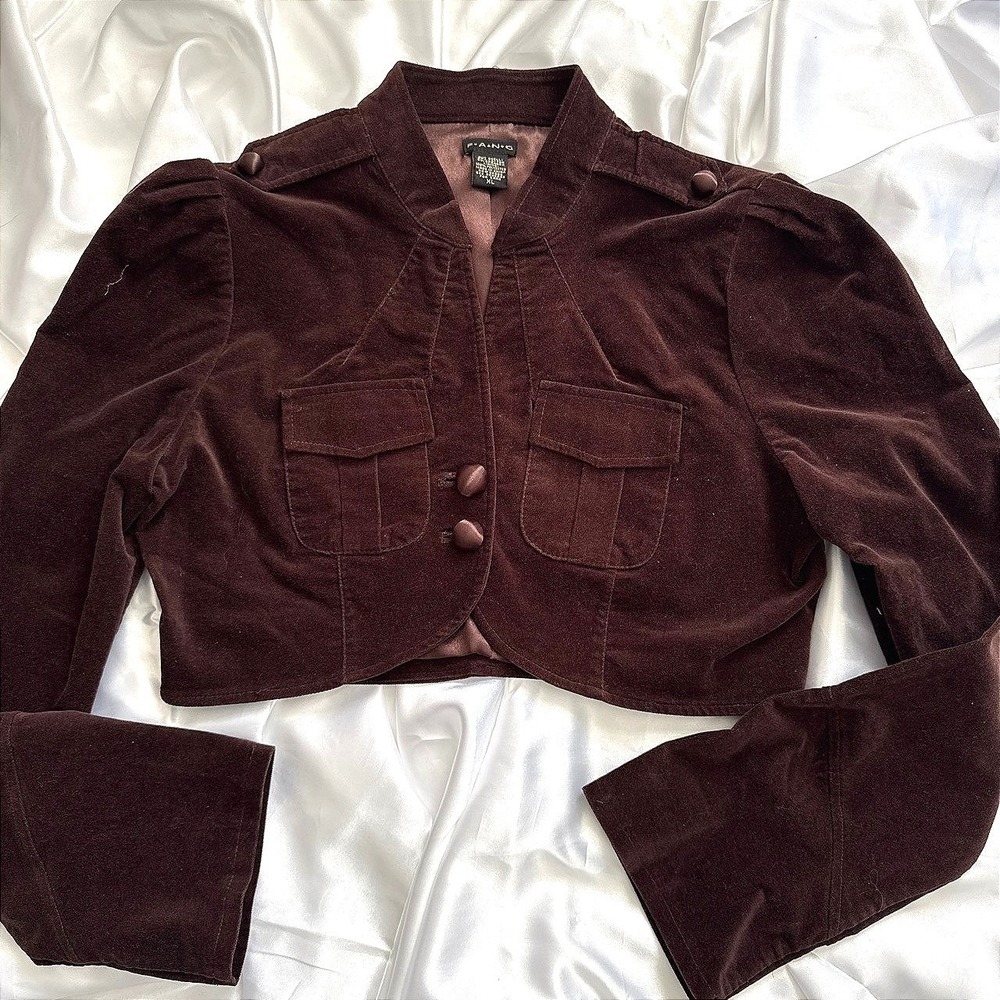 Fang Brown Velvet Cropped Bolero Jacket Military Epaulette Puffed Sleeve XL